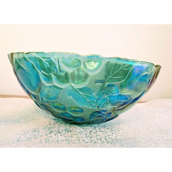 Indiana Carnival Glass Madeira Round Raised Fruit/Punch Bowl Iridescent Teal VTG - Picture 3 of 12
